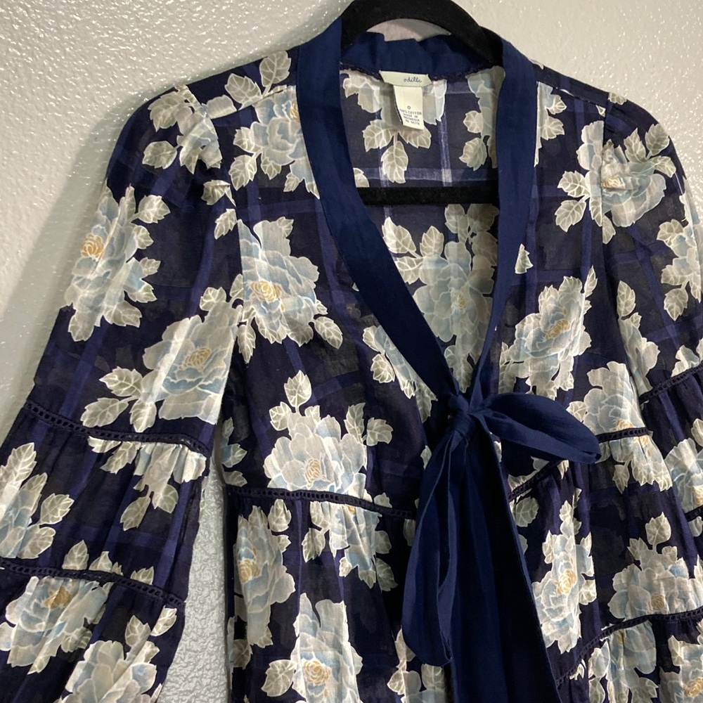 Anthropologie Odille Faraway Navy White Floral Boho Peasant Blouse Twee y2k sz 0 - Picture 3 of 10